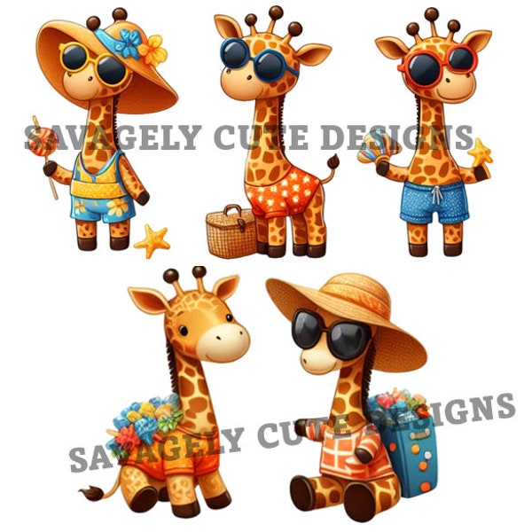 10 Digital Clip Art Images - Fashionable Summer Giraffes - 300DPI Transparent Backgrounds - Individual files - Commercial - PNG & JPG