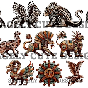 12 digitale clip art afbeeldingen - mythische Azteekse beesten - 300DPI transparante achtergronden - individuele bestanden - commercieel - SVG inbegrepen!