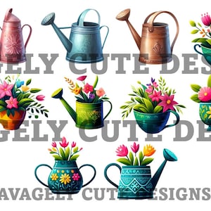 May include: A set of 12 colorful watering cans and flower pots with floral designs. The watering cans have a spout and a handle. The flower pots have a wide opening and a narrow base. The flowers are in various colors, including pink, yellow, red, and orange.