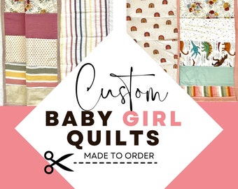 May include: Three custom baby girl quilts with different patterns. The quilts are made to order. The text "Custom Baby Girl Quilts Made to Order" is displayed on the image.