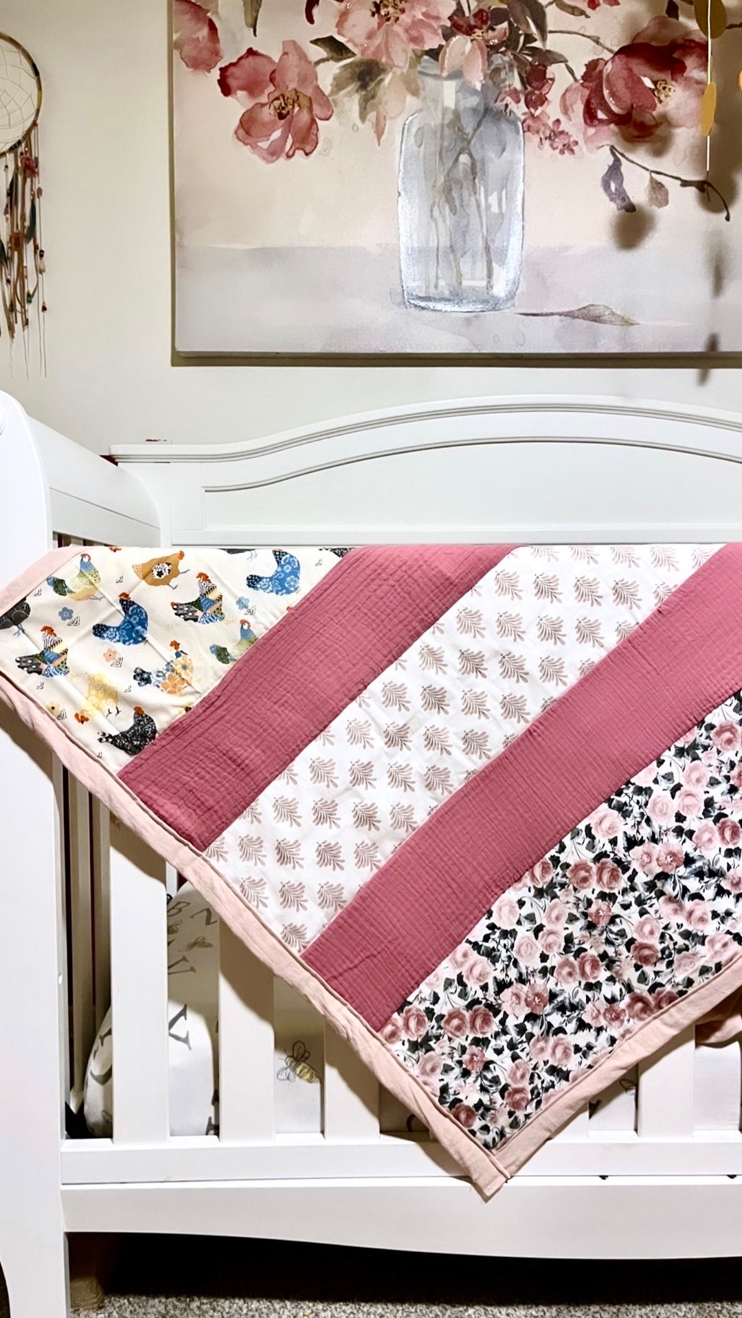 Handmade Baby Girl Quilt Pink, Floral, Chic Baby Girl Blanket, Home