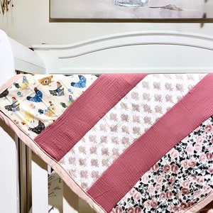 Handmade baby girl quilt pink, floral, chic baby girl blanket, home made, 100% cotton