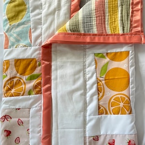 Handmade baby girl quilt pink, “Cutie Fruity” girl baby blanket, home made