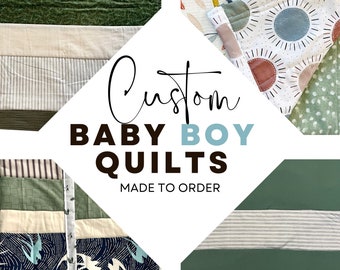May include: A collage of different baby quilt designs featuring various patterns and colors. The quilts are made to order and feature a variety of themes, including camping, nature, and geometric patterns. The text "Custom Baby Boy Quilts Made to Order" is displayed in the center of the image.