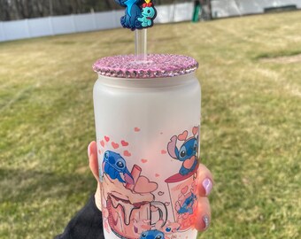 Stitch & Angel Frosted Glass Cup: 16oz Libbey Coffee Mug