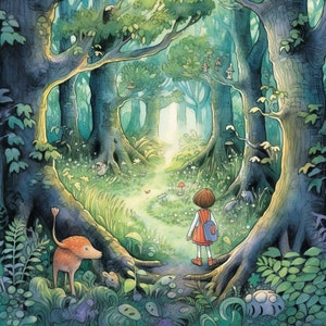 May include: A young girl with brown hair walks through a lush green forest. The path is lined with trees and foliage, and the sunlight shines through the leaves. The girl is wearing a red dress and a blue backpack.