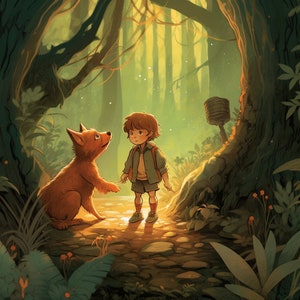 May include: A young person with brown hair and a backpack stands in a forest with a red fox-like animal. The forest is filled with green foliage and sunlight.