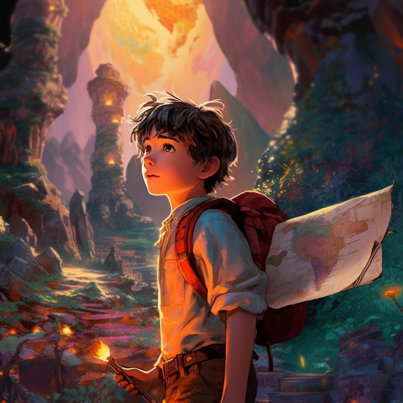 May include: A young boy with brown hair and a blue shirt stands in a fantastical landscape. He is looking up at a glowing orb in the sky. He is carrying a red backpack and a map. The scene is filled with glowing lights and a sense of wonder.