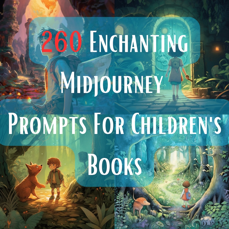 May include: A collage of four illustrations featuring children in fantastical settings. The illustrations are in a whimsical style with vibrant colors and intricate details. The text "260 Enchanting Midjourney Prompts for Children's Books" is displayed in a blue banner.
