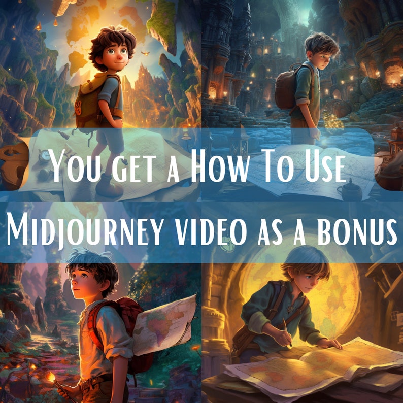 May include: A collage of four images featuring a young boy exploring a fantastical world. The boy is wearing a backpack and carrying a map. The images are set in a variety of locations, including a forest, a city, and a cave. The text "You get a How To Use Midjourney Video as a Bonus" is superimposed over the images.