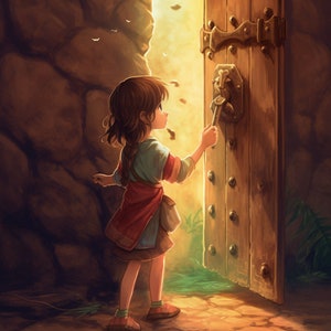 May include: A young girl with long brown hair and a red and blue dress opens a wooden door with a metal latch. The door is set in a stone wall and light shines through the opening.