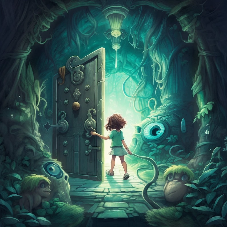 May include: A young person opens a large, dark wooden door in a lush, green, overgrown forest. The door is decorated with intricate metalwork. The forest is filled with vines and strange, glowing eyes.
