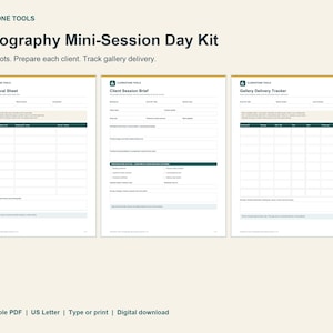 Könnte beinhalten: Ein Photography Mini-Session Day Kit bestehend aus drei weißen Dokumentenseiten mit den Titeln Slot & Arrival Sheet, Client Session Brief und Gallery Delivery Tracker. Die Formulare enthalten dunkelgrüne Kopfzeilen, Tabellen und Textfelder.