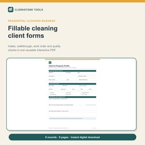 Pacchetto di moduli per imprese di pulizie, PDF compilabile: modulo di anamnesi del cliente, modulo di sopralluogo, ordine di lavoro e lista di controllo qualità.