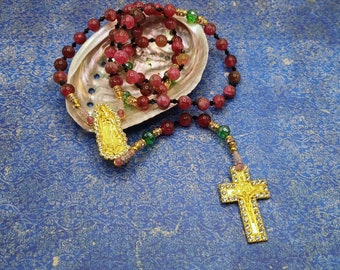 Natural Watermelon Tourmaline Rosary, October Birthstone Rosary with Gold Crucifix and Center