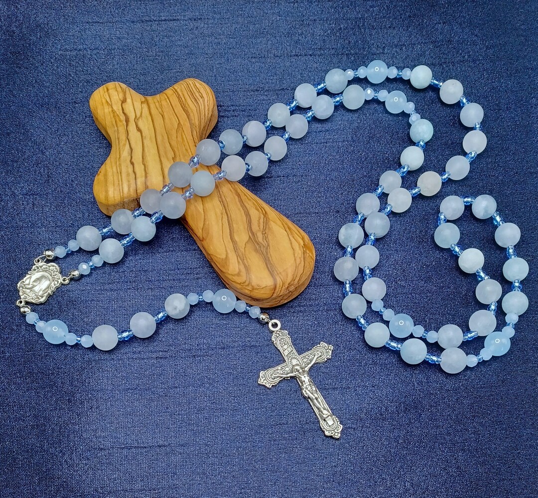 Natural Aquamarine Rosary, March Birthstone Rosary With Antique Silver ...