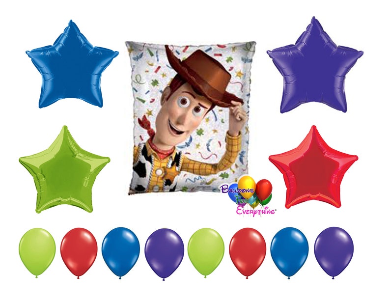 May include: A set of Toy Story party decorations featuring a large foil balloon of Woody, a cowboy character from the movie, and several star-shaped foil balloons in blue, green, red, and purple. There are also eight round latex balloons in green, red, blue, and purple.