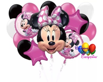 Minnie Mouse Pink Birthday Balloons Deluxe Set, Minnie Globos de Cumpleaños, Minnie Mouse Baby Shower, Minnie Foil Mylar Balloons Polka Dots