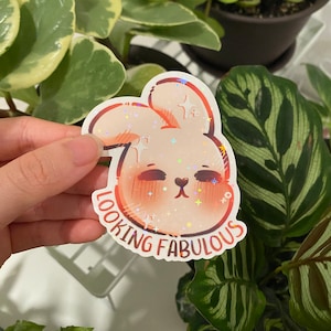 Pegatina de conejo "Feeling Fabulous" / Holográfica brillante, pegatina para portátil, pegatina para botella de agua, autoconfianza, potenciador del estado de ánimo, autoestima