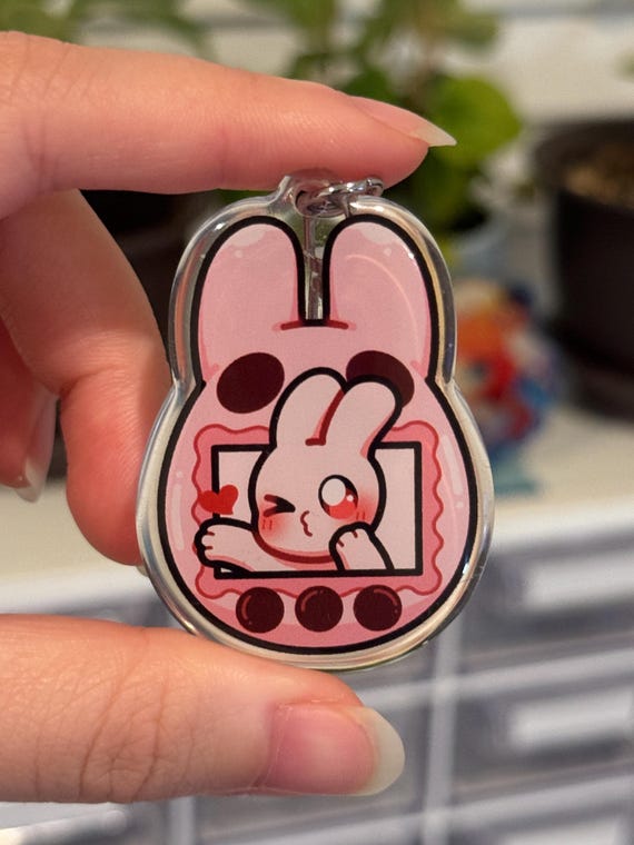 Cute Bunny Tamagotchi Keychain | 2” Epoxy Keychain, Pink Bunny