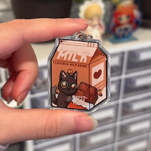 Schokoladenmilch, schwarze Katze Schlüsselbund | 2 "Epoxy Schlüsselanhänger, schwarze Katze Charme, Milch-Box-Charme, Milch-Box niedlichen Schlüsselbund
