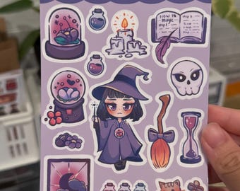 Moonlit Witch Planner Sticker Sheet - Cute Witch Girl Stickers  | Kawaii Bujo Decor, Journals, Planners, Scrapbooking Stationery, Magical