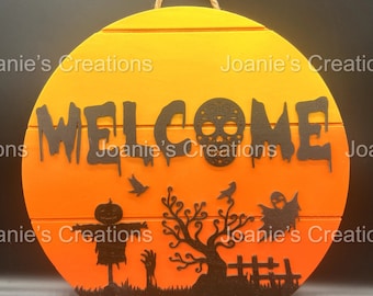 Welcome Halloween Door Hanger Laser SVG file, Halloween, Skull, Horror, Ghost, Scarecrow, SVG, Laser Cut file