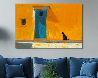 Black Cat Art Print: Framed Wall Art, Yellow Wall Decor