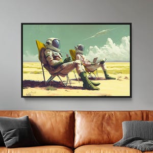 Canvasprint Astronauten op vakantie: ruimtekunst muurdecoratie, 24 x 36 ingelijste kunst