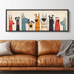 Mid Century Modern Wall Art: Dog Pack Canvas Print Framed | Colorful Doggies