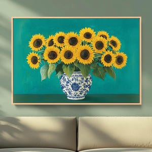 Obraz „Słoneczniki”: Botaniczna sztuka ścienna, wydruk w ramie (24x36)