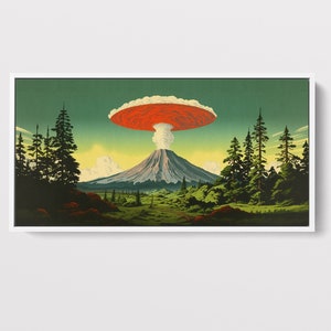Vintage Volcano Print on Canvas, Framed Volcano Wall Art, Retro Art, Comic Book Art, Large Canvas Art