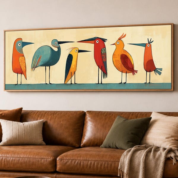 Mid Century Modern Canvas Print: Birds on a Wire Wall Art Framed | Colorful Birdies