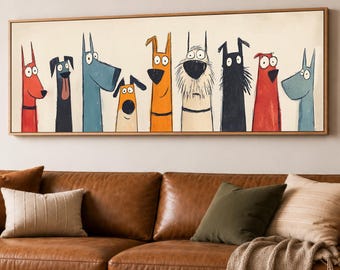 Mid Century Modern Wall Art: Dog Pack Canvas Print Framed | Colorful Doggies