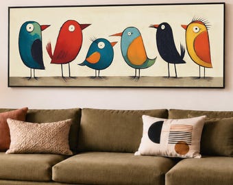 Mid Century Modern Canvas Print: Birds on a Wire Wall Art Framed | Colorful Birdies