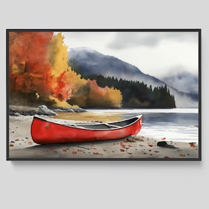 Framed Red Canoe Canvas Print: Lake House Wall Art