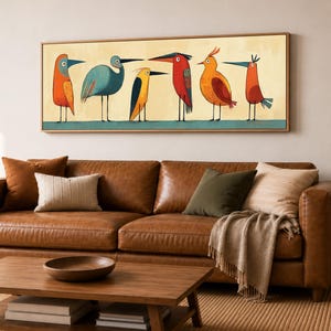 Wydruk na płótnie w stylu Mid Century Modern: Ptaki na drucie, oprawiony w ramę | Kolorowe ptaszki