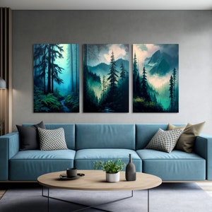 3 Piece Forest Wall Art Prints, Large Canvas Art, Set of 3 Forest Landscape Art, Green Nature Modern Art, Misty Mountains Painting