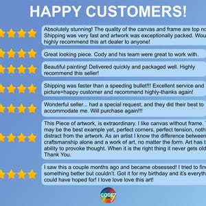 May include: A blue graphic featuring the text HAPPY CUSTOMERS! at the top, followed by seven rows of five yellow stars. Each row includes a light blue speech bubble containing customer reviews about canvas artwork, framing, and service quality.