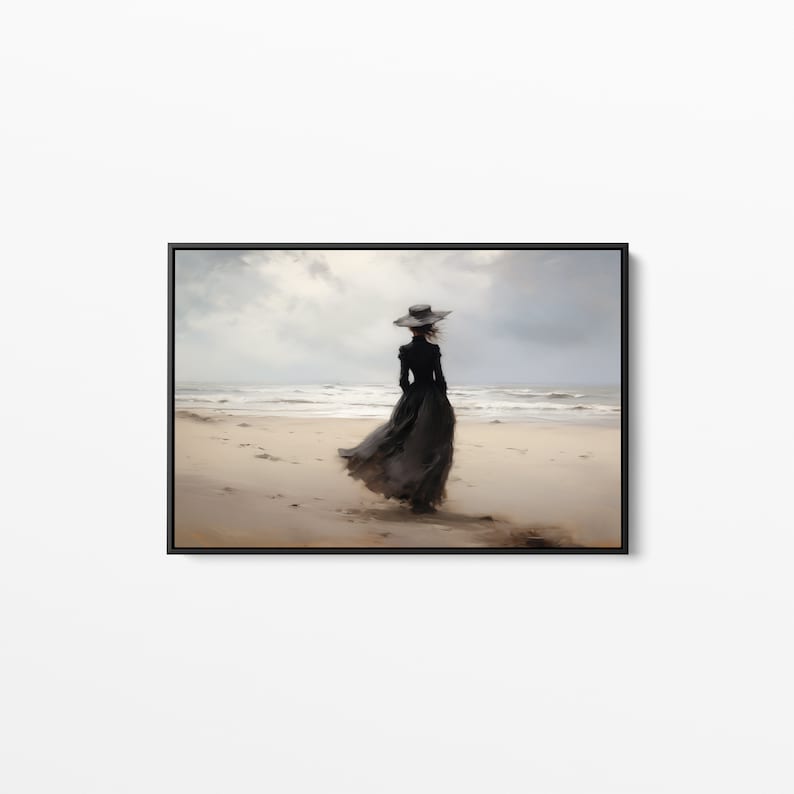 Painting of Victorian Woman on Beach, Framed Art, Vintage Print, Canvas