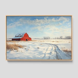 Red Barn Winter Landscape Art Print: Framed Canvas Wall Decor