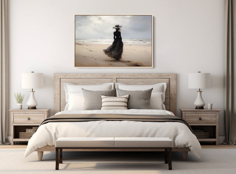 Painting of Victorian Woman on Beach, Framed Art, Vintage Print, Canvas