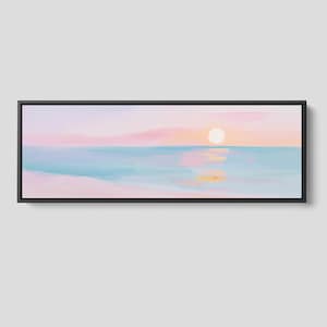 Scandinavian-inspired seascape with a pastel pink sky and blue water, displayed as a panoramic framed canvas print above a bed, sofa, or console.