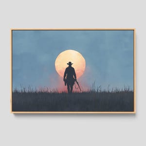Cowboy Wall Art - Framed Canvas Print, Western Painting, Rustic Wall Decor, Gift for Man | Cowboy Sunset