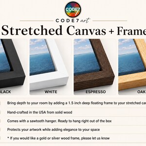 May include: Four floating frames for stretched canvas in black, white, espresso, and oak finishes. Each frame is 1.5 inches deep and includes a sawtooth hanger. The text reads: CODE7 art, Stretched Canvas + Frame, Bring depth to your room.