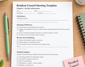 Resident Council Meeting Agenda, Word Doc Editable Template or Printable PDF, Made by Activity Director in Long Term Care, Senior Living