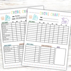 May include: Two white paper chore charts with pastel-colored headers and borders. Each chart features the text CHORE CHART, sections for name and reward, a grid for daily chores from Sunday to Saturday, weekly chores, other responsibilities, and notes.