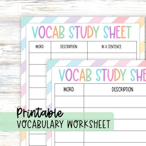 May include: Two printable vocabulary study sheets featuring a pastel diagonal striped border. Each sheet has a header that reads VOCAB STUDY SHEET in multicolored letters and includes columns labeled WORD, DESCRIPTION, and IN A SENTENCE.