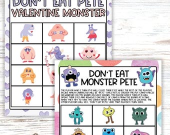 Don't Eat Pete the Monster, Easy Candy Party Board Game for Kids, Classroom Valentines Day Party Activity, Birthday Party Printable