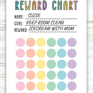 Puede incluir: Un colorido cuadro de recompensas con el texto "REWARD CHART". El cuadro es para "SUZIE" con el objetivo de "KEEP ROOM CLEAN" y una recompensa de "ICECREAM WITH MOM". Presenta filas de círculos de colores.